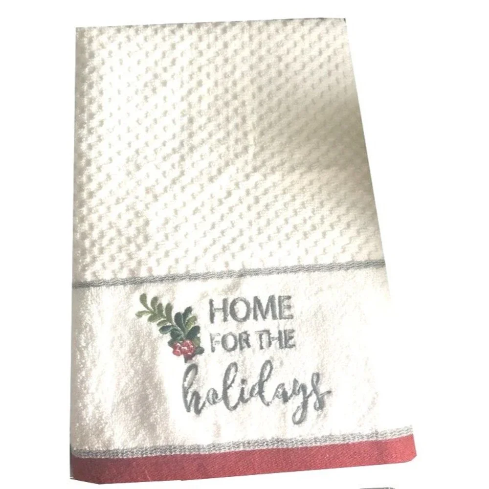 Christmas Home For the Holidays Bath Towels White Embroidered Holly Set Of 2